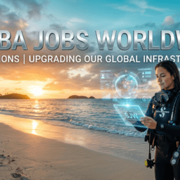 A female divemaster in scuba gear on a tropical beach at sunrise looking at a holographic digital tablet with the text Scuba Jobs Worldwide Operations in the sky.- Scuba Jobs Worldwide Operations