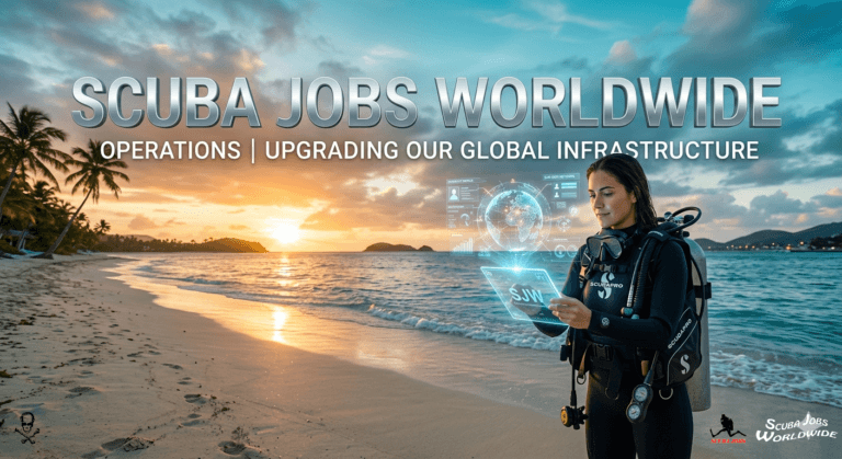 Dive Job Board for Divemasters, Instructors, and Managers 35 A female divemaster in scuba gear on a tropical beach at sunrise looking at a holographic digital tablet with the text Scuba Jobs Worldwide Operations in the sky.- Scuba Jobs Worldwide Operations