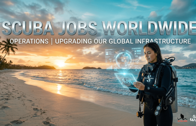 A female divemaster in scuba gear on a tropical beach at sunrise looking at a holographic digital tablet with the text Scuba Jobs Worldwide Operations in the sky.- Scuba Jobs Worldwide Operations
